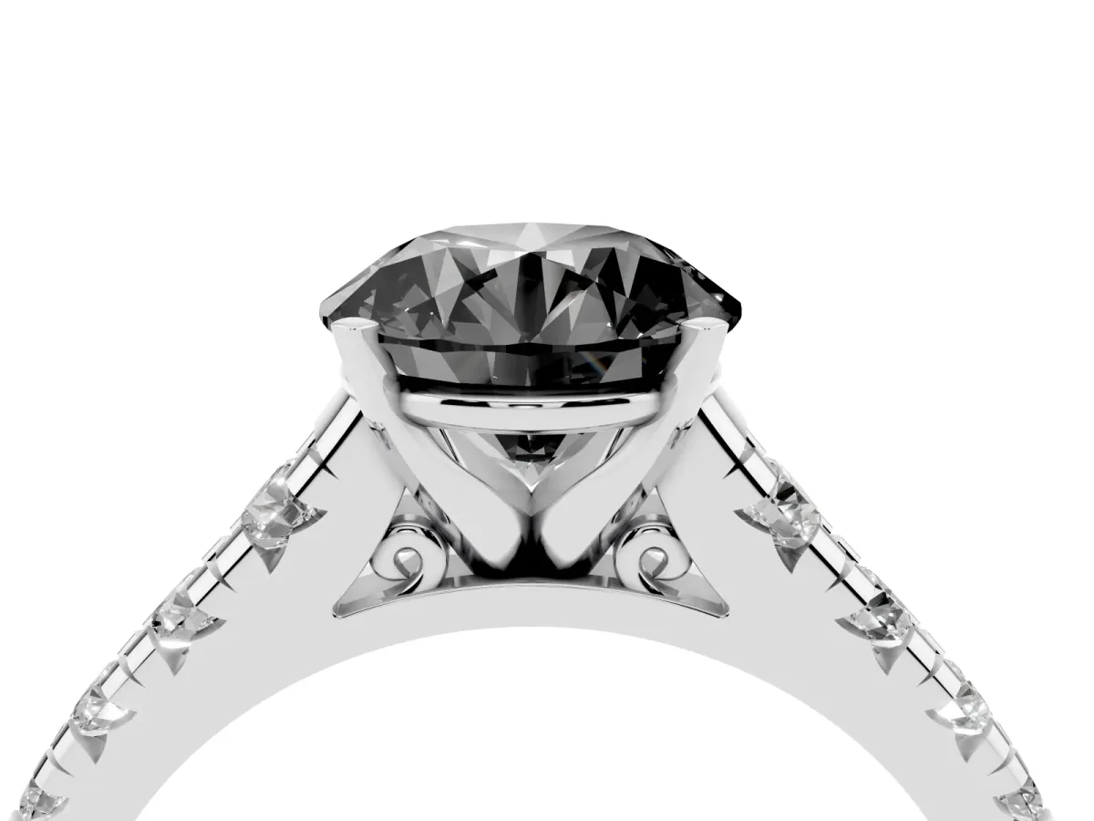 Fancy Black Round Cut Diamond Cathedral Solitaire Ring with Round Pavé Band Platinum