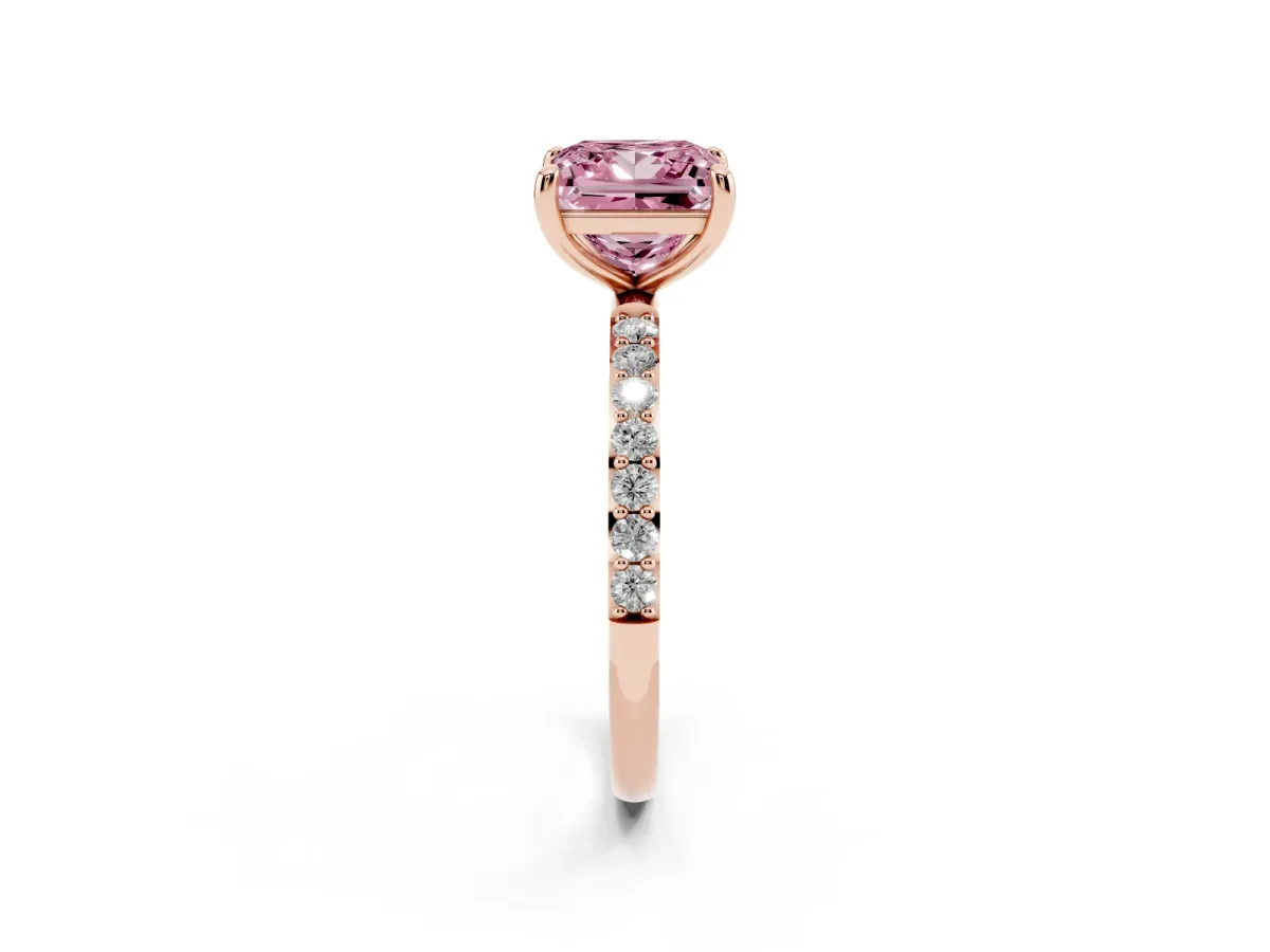 Fancy Pink Princess Cut Diamond Solitaire Ring with Round Pavé Band and Prong Setting Rose gold