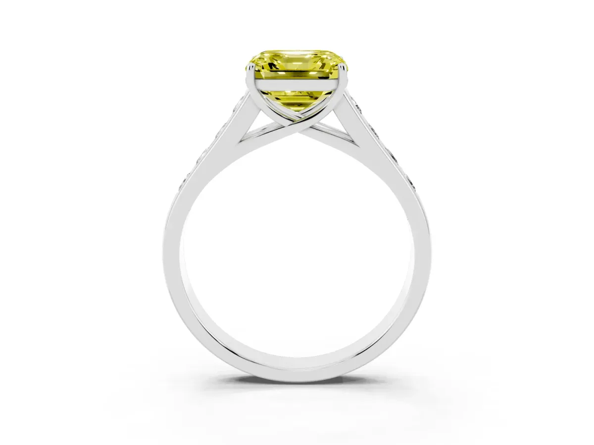 Fancy Yellow Asscher Cut Brilliant Channel-Set Solitaire Ring with Four-Prong Setting Silver