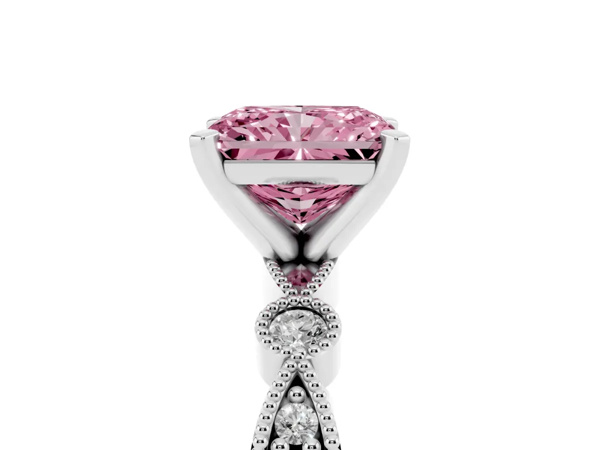 Fancy Pink Radiant Cut Milgrain Bezel Diamond Engagement Ring with Solitaire Prong Setting Silver