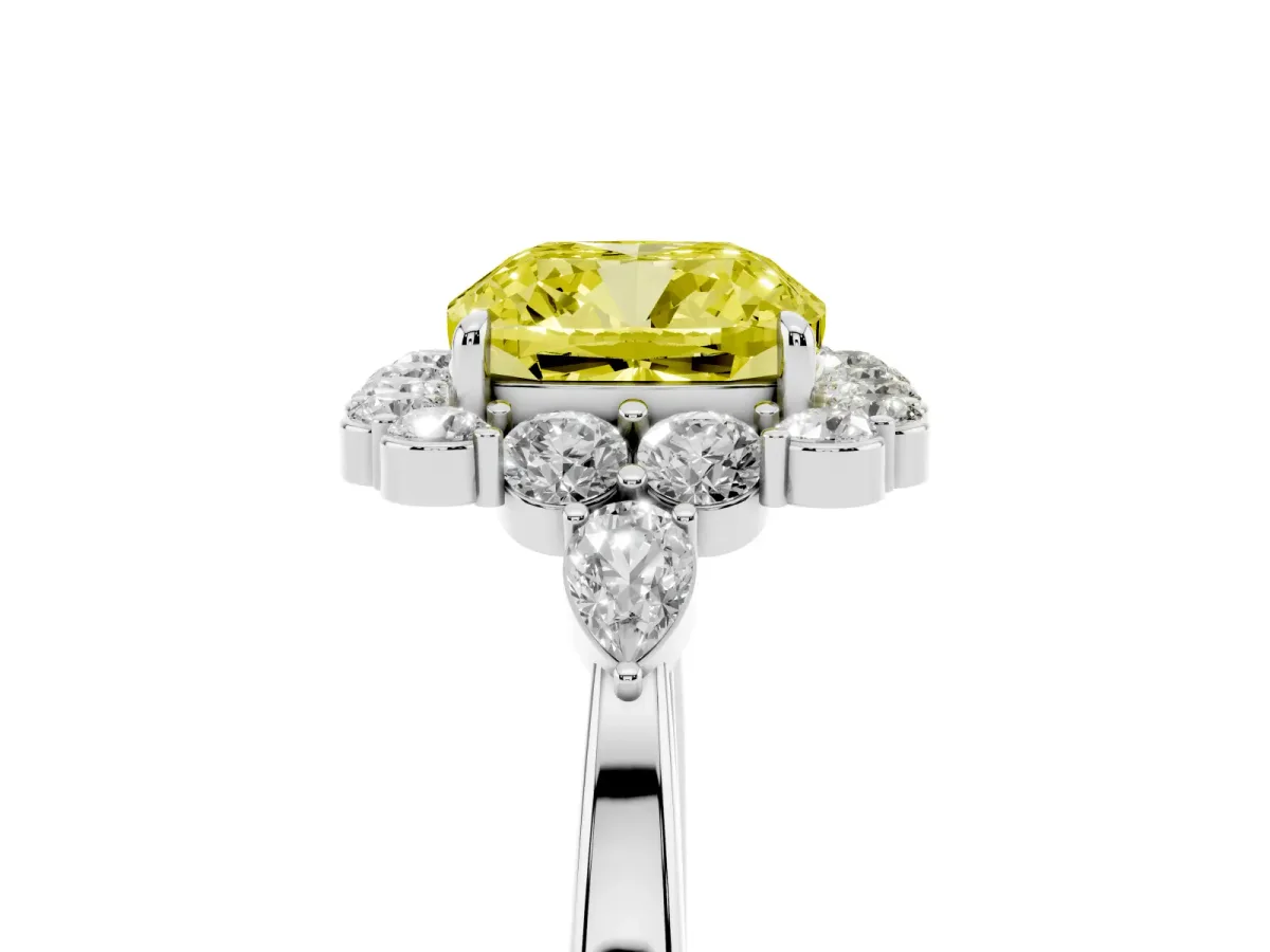 Fancy Yellow Cushion Cut Diamond Halo Ring with Pear Side Stones and Prong Setting Silver