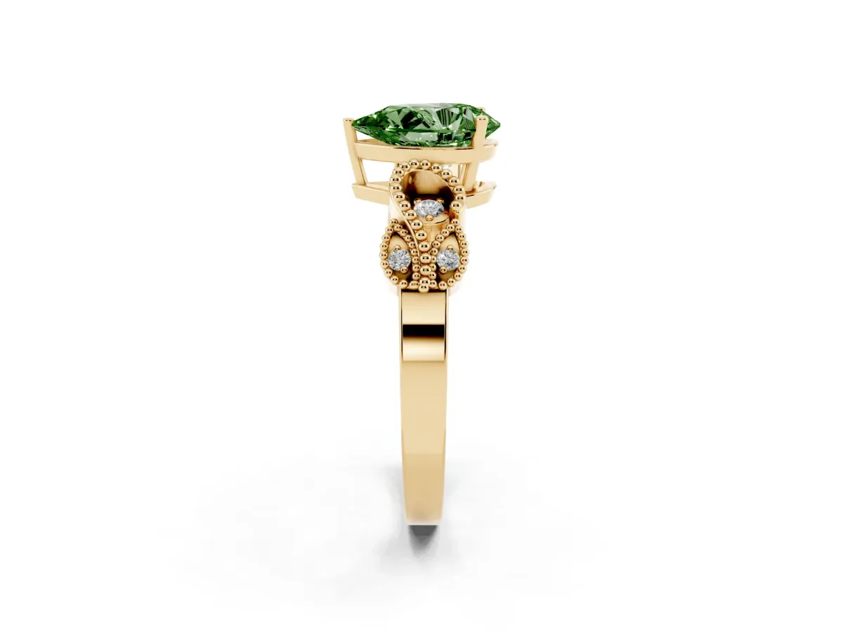 Fancy Green Pear Cut Solitaire Milgrain Leaf Band with Prong Setting Yellow gold