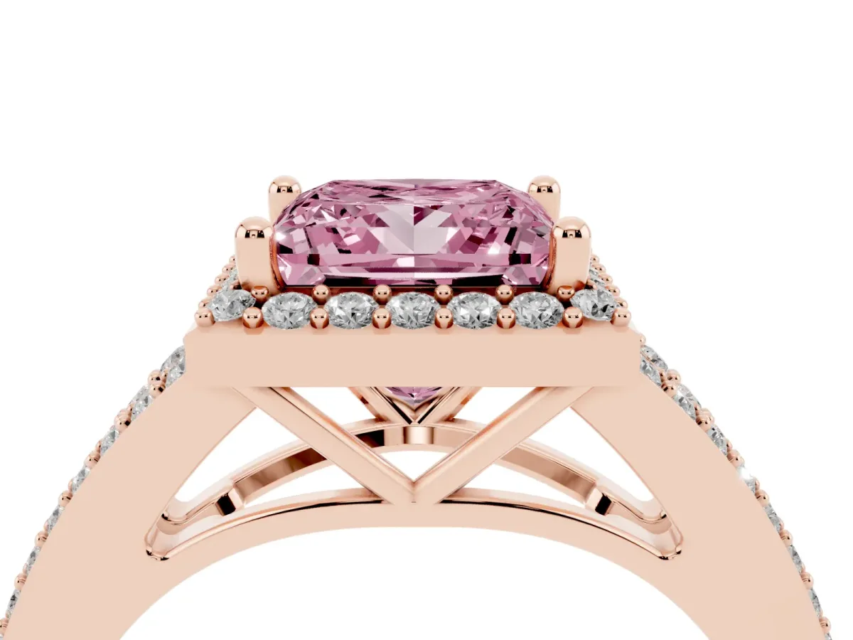 Fancy Pink Princess Cut Halo Split Shank Pave Diamond Ring with Four-Prong Setting Rose gold