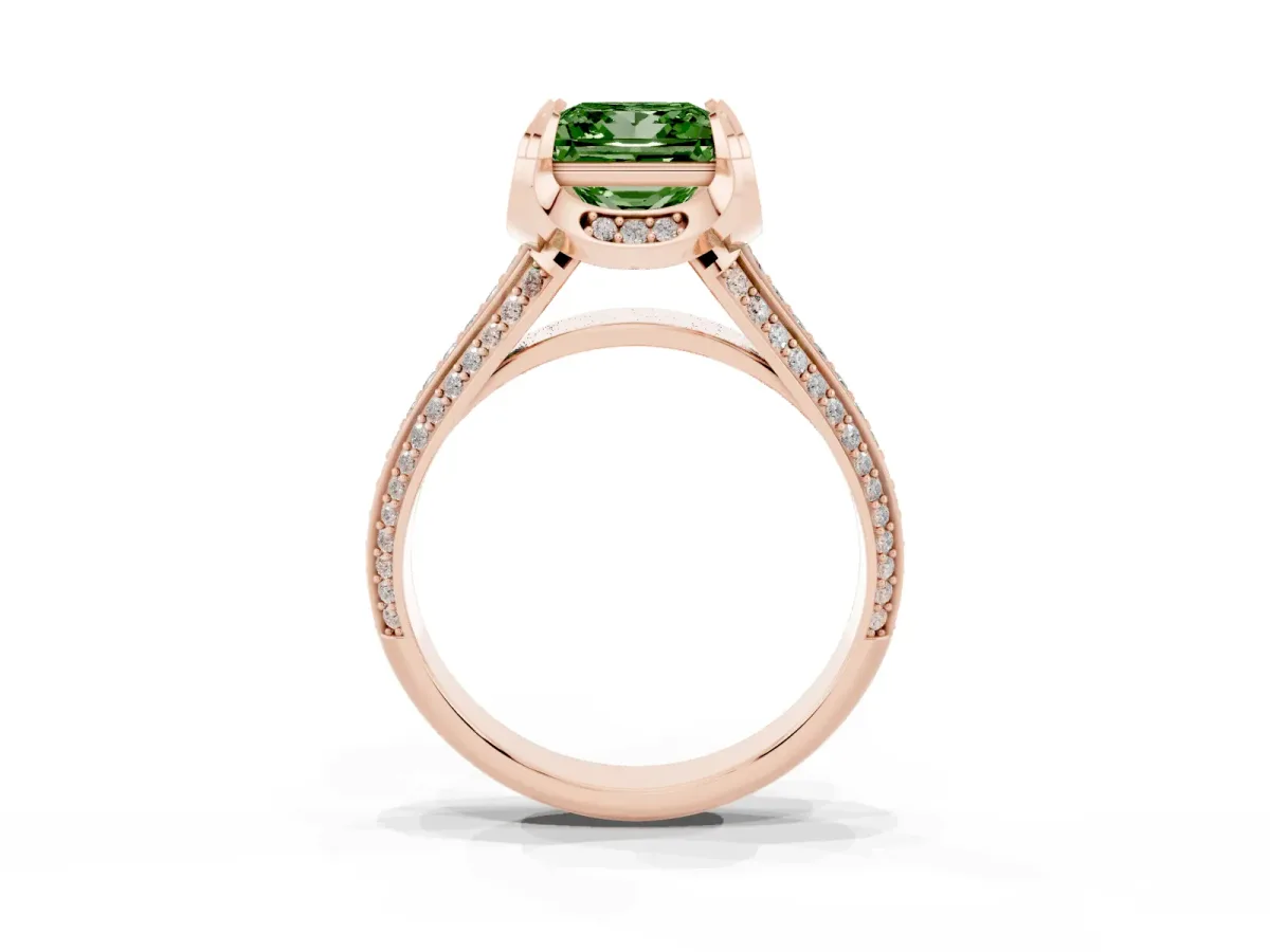 Fancy Green Princess Cut Solitaire Pave Split Shank Ring with Four-Prong Setting Rose gold
