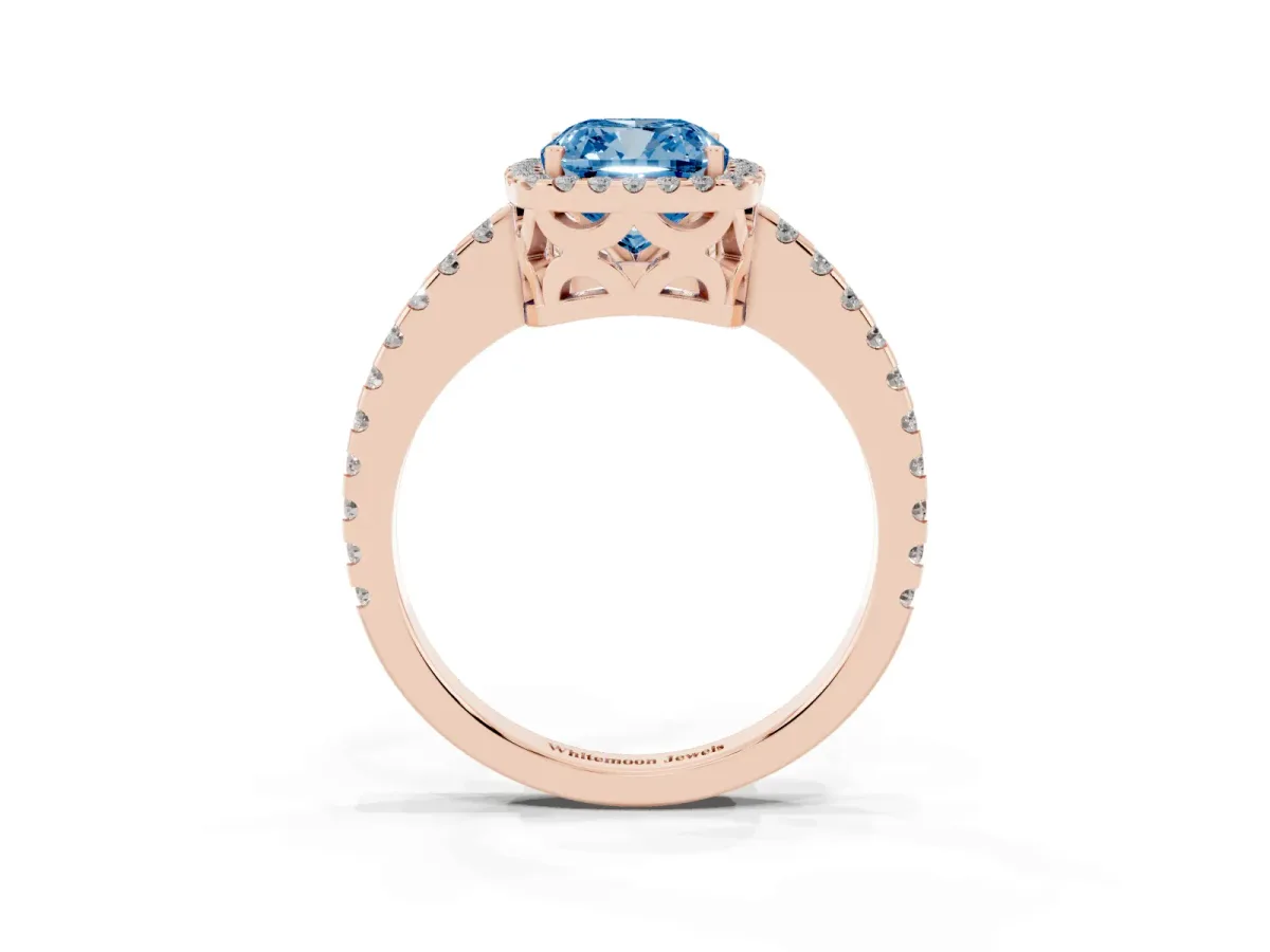 Fancy Blue Cushion Cut Diamond Halo Engagement Ring with Pavé Band and Prong Setting Rose gold