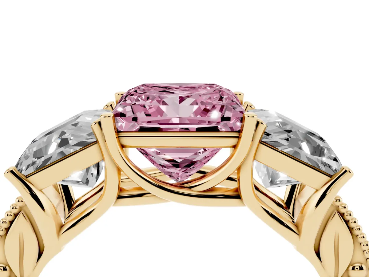 Fancy Pink Three-Stone Princess Cut Cut Milgrain Pavé Engagement Ring Yellow gold