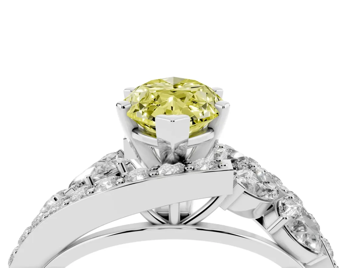 Fancy Yellow Marquise Cut Diamond Halo Ring with Marquise and Pavé Band in Prong Setting Platinum