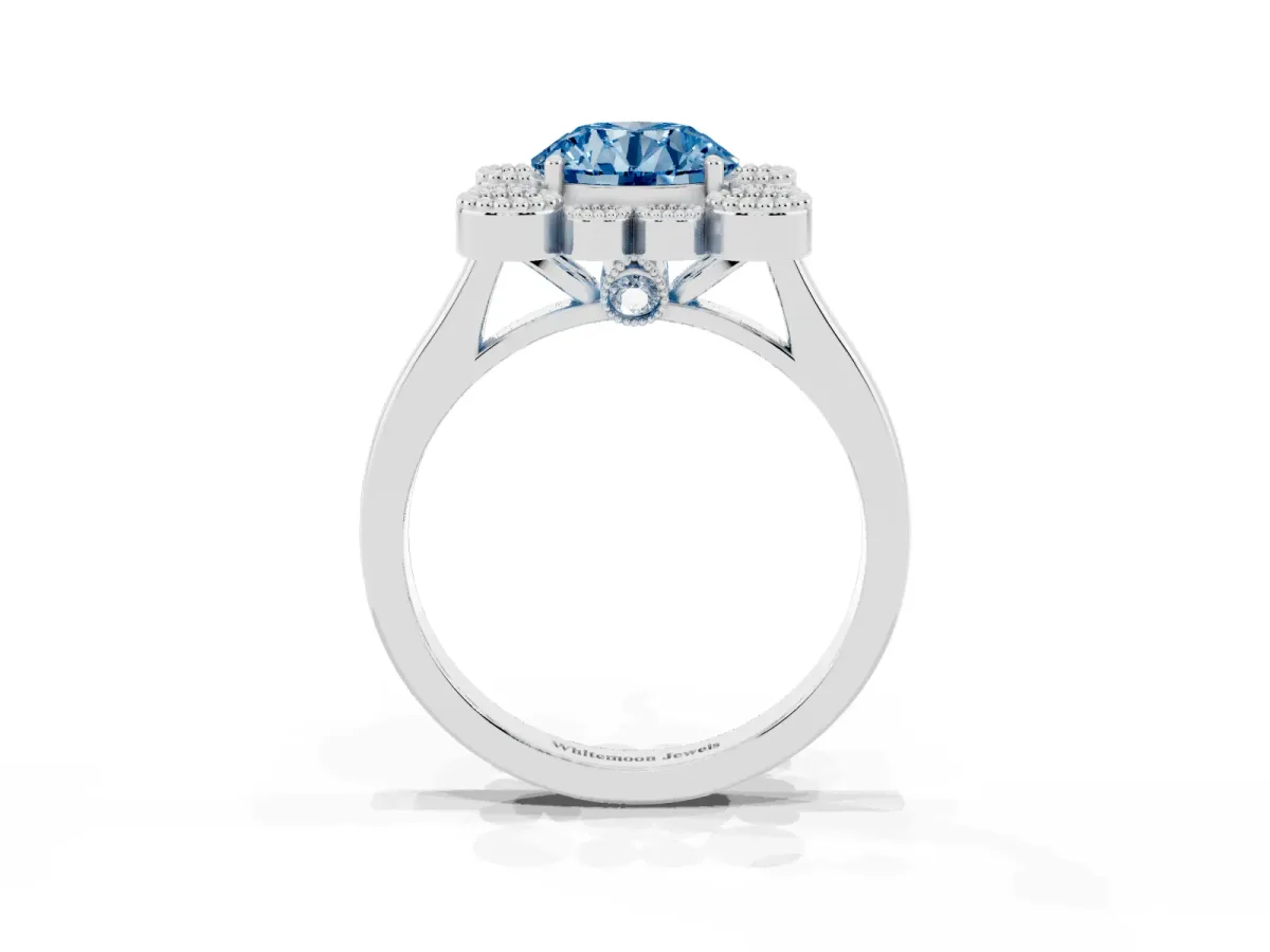 Fancy Blue Round Cut Halo Diamond Cluster Engagement Ring with Milgrain Bezel Setting and Solitaire Band Platinum