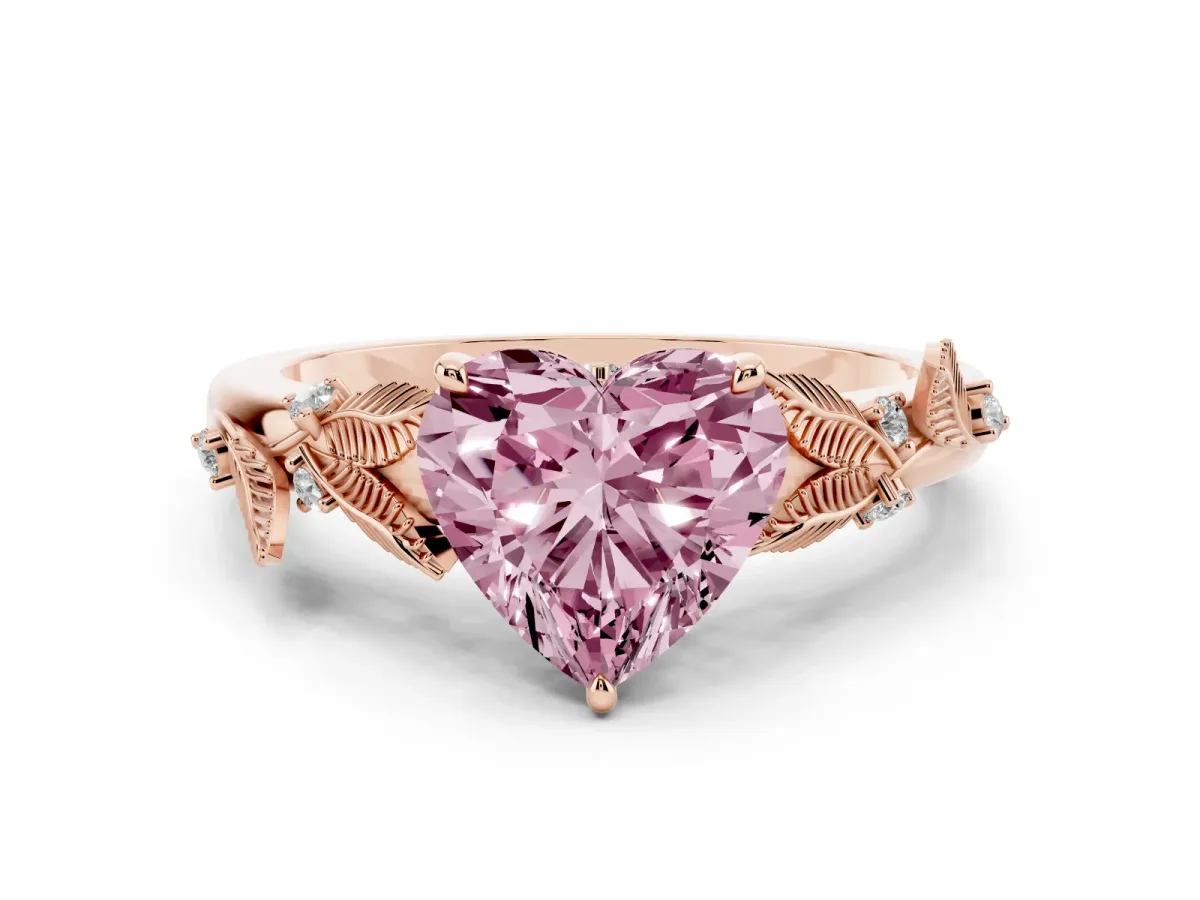 Fancy Pink Heart Cut Diamond Solitaire Ring with Leaf Motif Band and Four-Prong Setting Rose gold