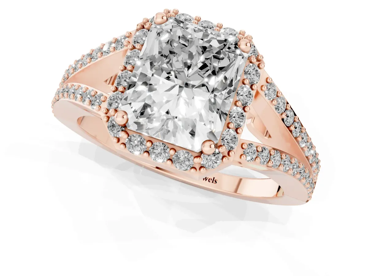 Radiant Cut Halo Split Shank Diamond Ring with Prong Setting Rose gold