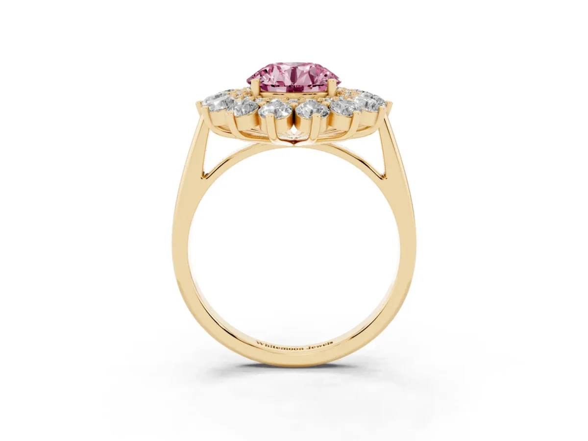 Fancy Pink Round Cut Diamond Floral Double Halo Engagement Ring with Prong Setting Yellow gold