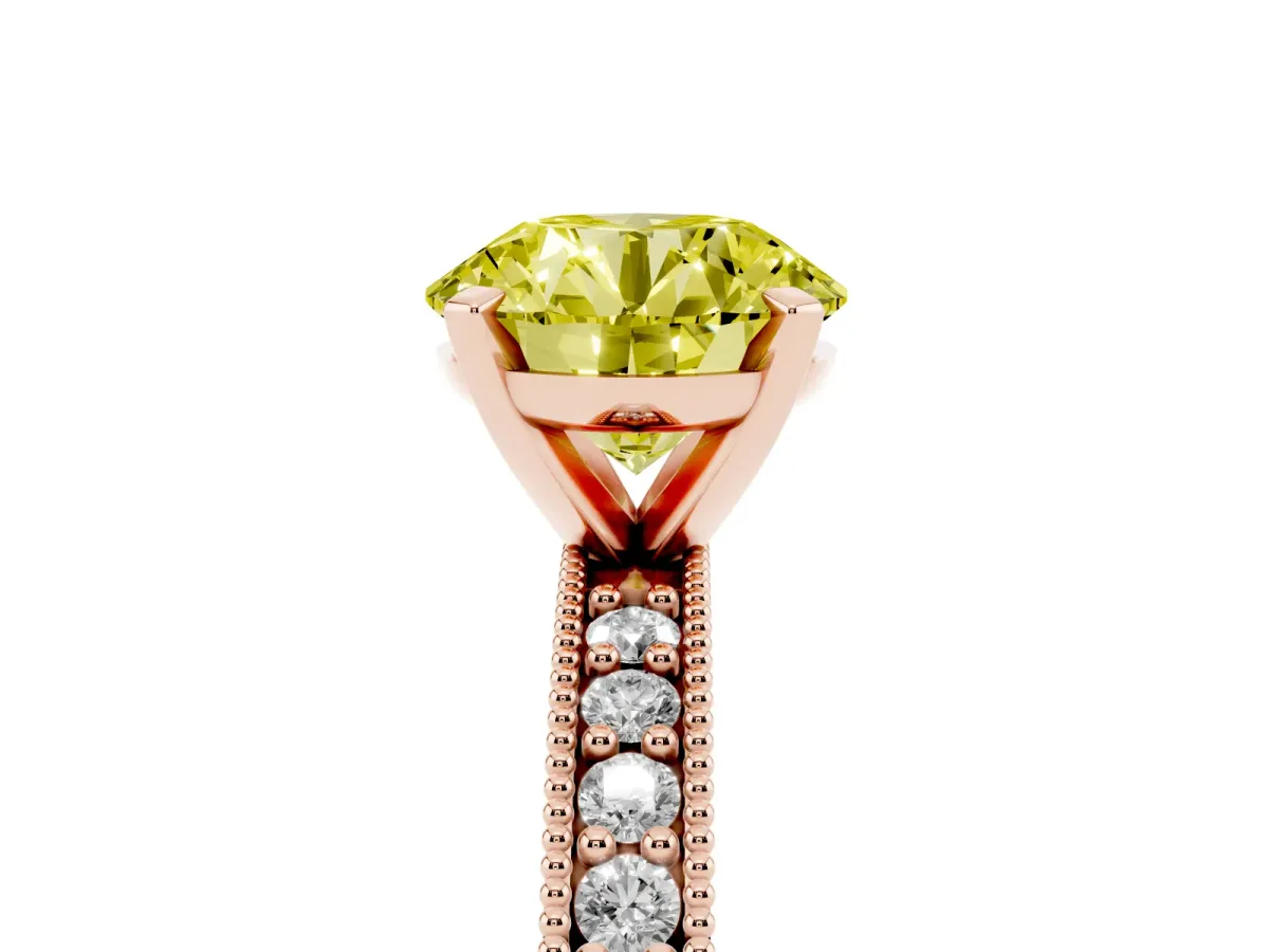 Fancy Yellow Round Cut Diamond Milgrain Pavé Engagement Ring with Four-Prong Setting Rose gold