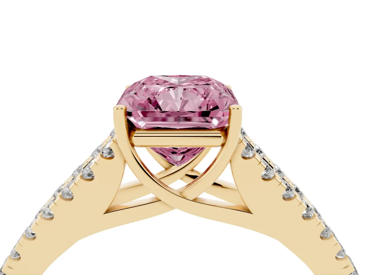 Fancy Pink Radiant Cut Diamond Split Shank Pavé Engagement Ring with Four-Prong Setting Yellow gold