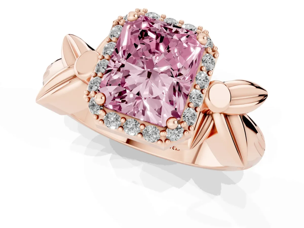 Fancy Pink Radiant Cut Halo Diamond Floral Band with Four-Prong Setting Rose gold