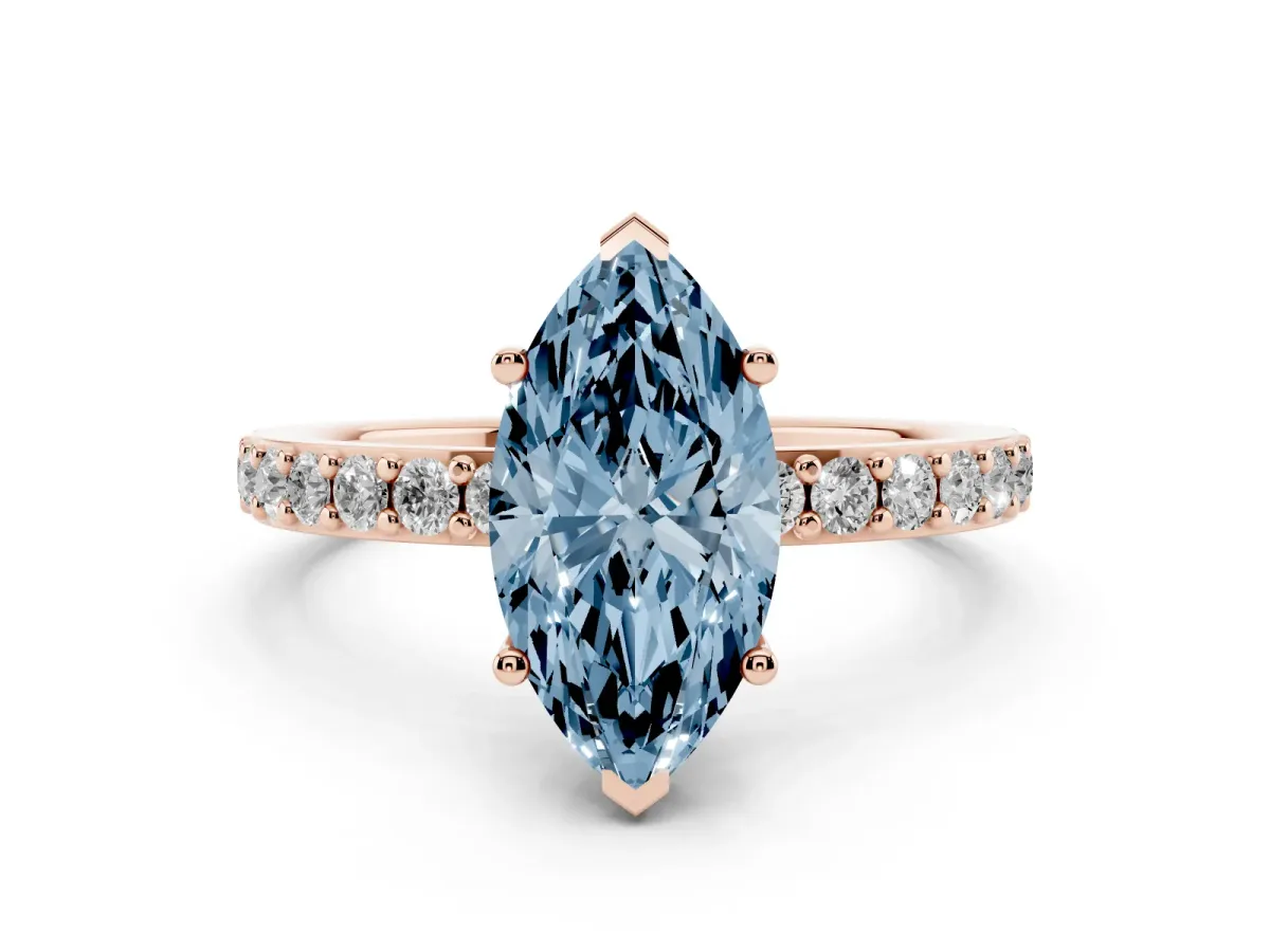 Fancy Blue Marquise Cut Cut Diamond Solitaire with Pave Band and Four-Prong Setting Rose gold