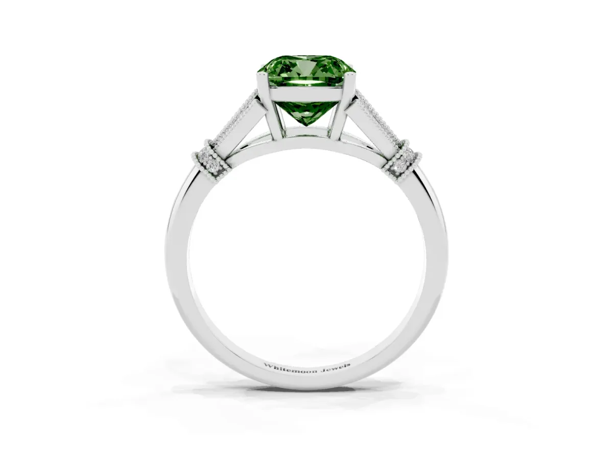 Fancy Green Cushion Cut Diamond Solitaire Ring with Floral Filigree and Pave Accents Silver