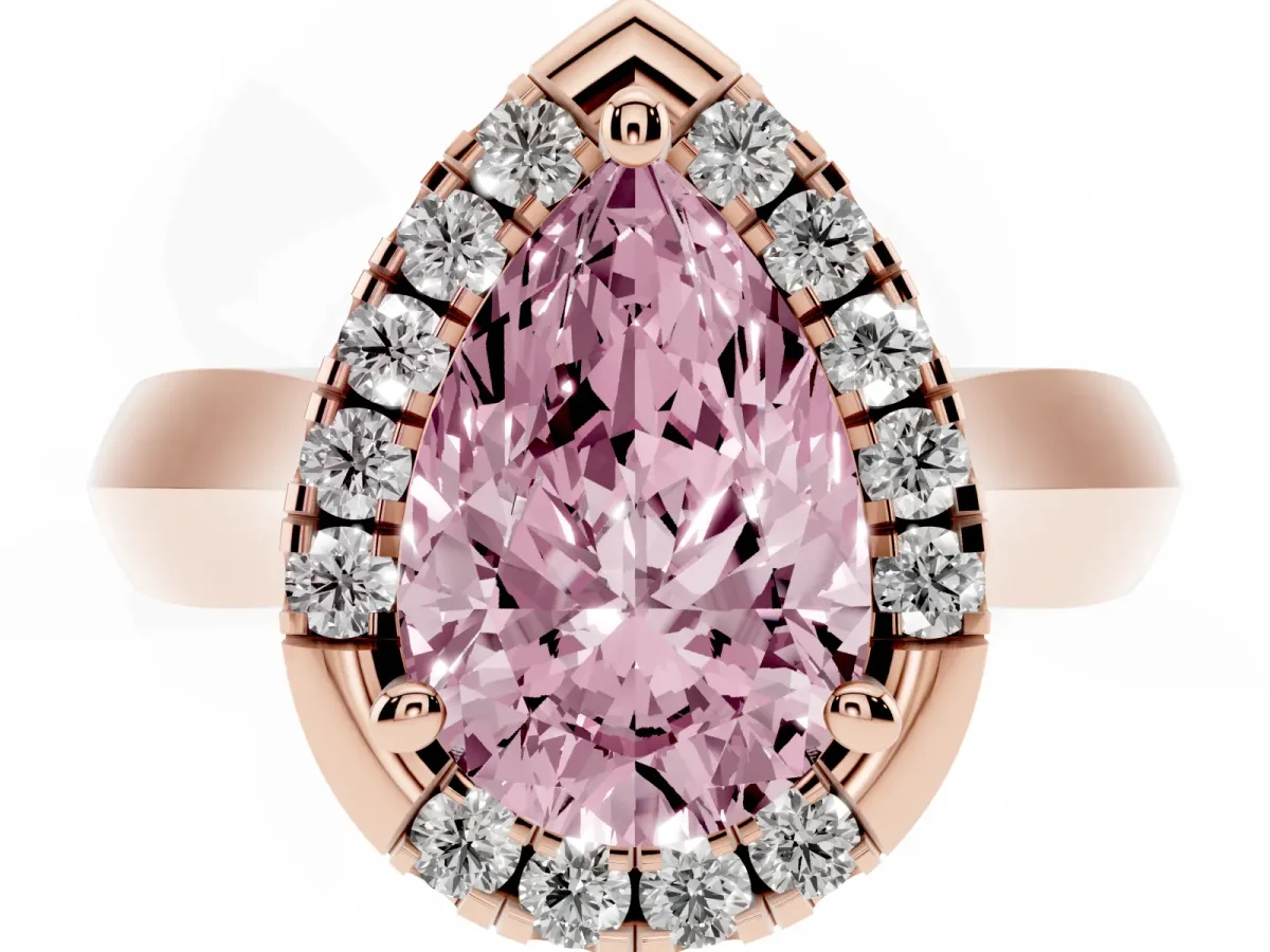 Fancy Pink Pear Cut Cut Halo Solitaire Engagement Ring with Square Band and Four-Prong Setting Rose gold