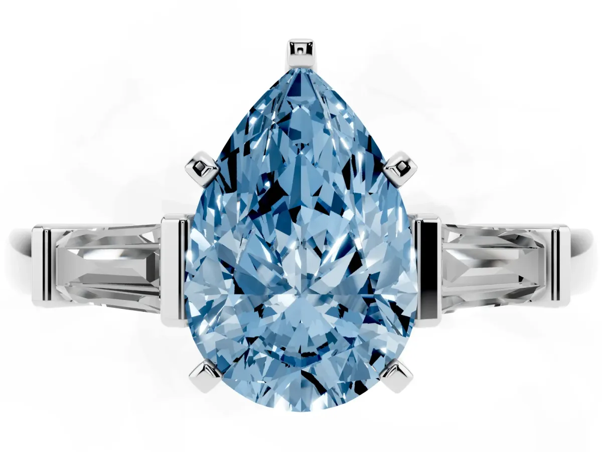 Fancy Blue Pear Cut Cut Diamond Solitaire Ring with Tapered Baguette Accents and Four-Prong Setting White gold