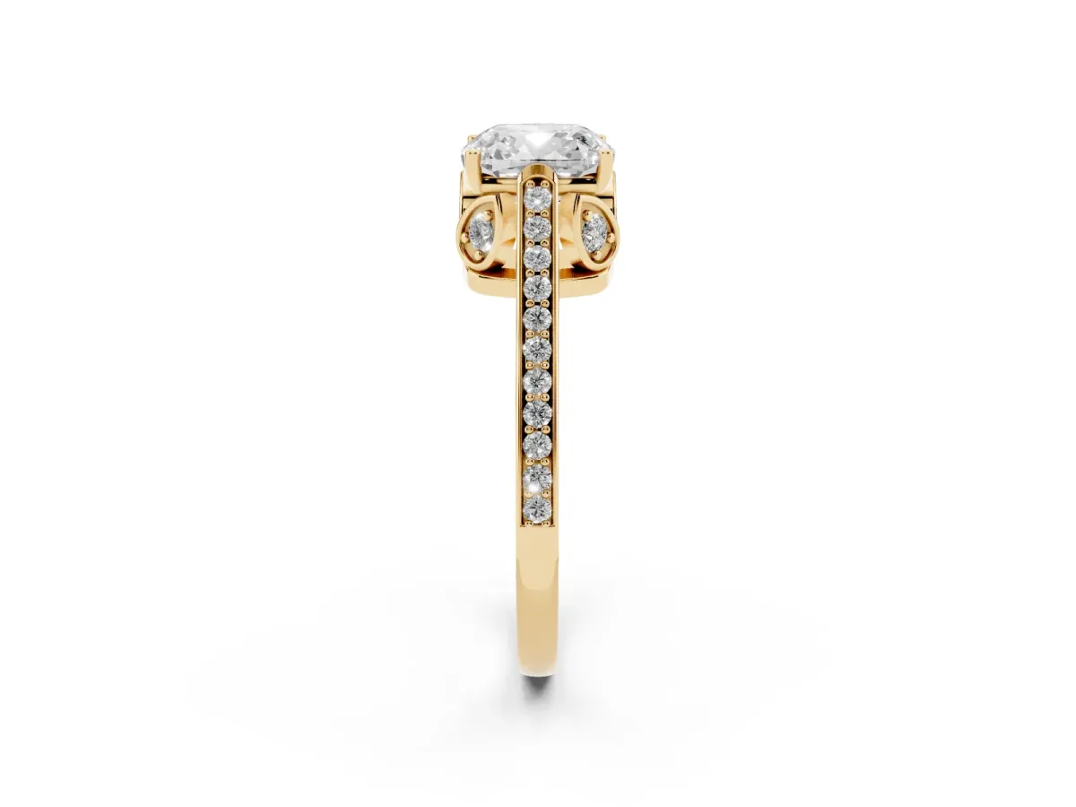 Cushion Cut Cut Cathedral Pave Diamond Engagement Ring with Six-Prong Setting Yellow gold