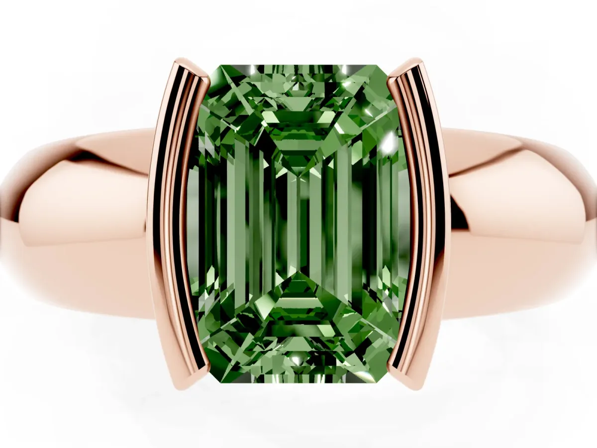 Fancy Green Emerald Cut Solitaire Tension Set Diamond Ring with Wide Band Rose gold