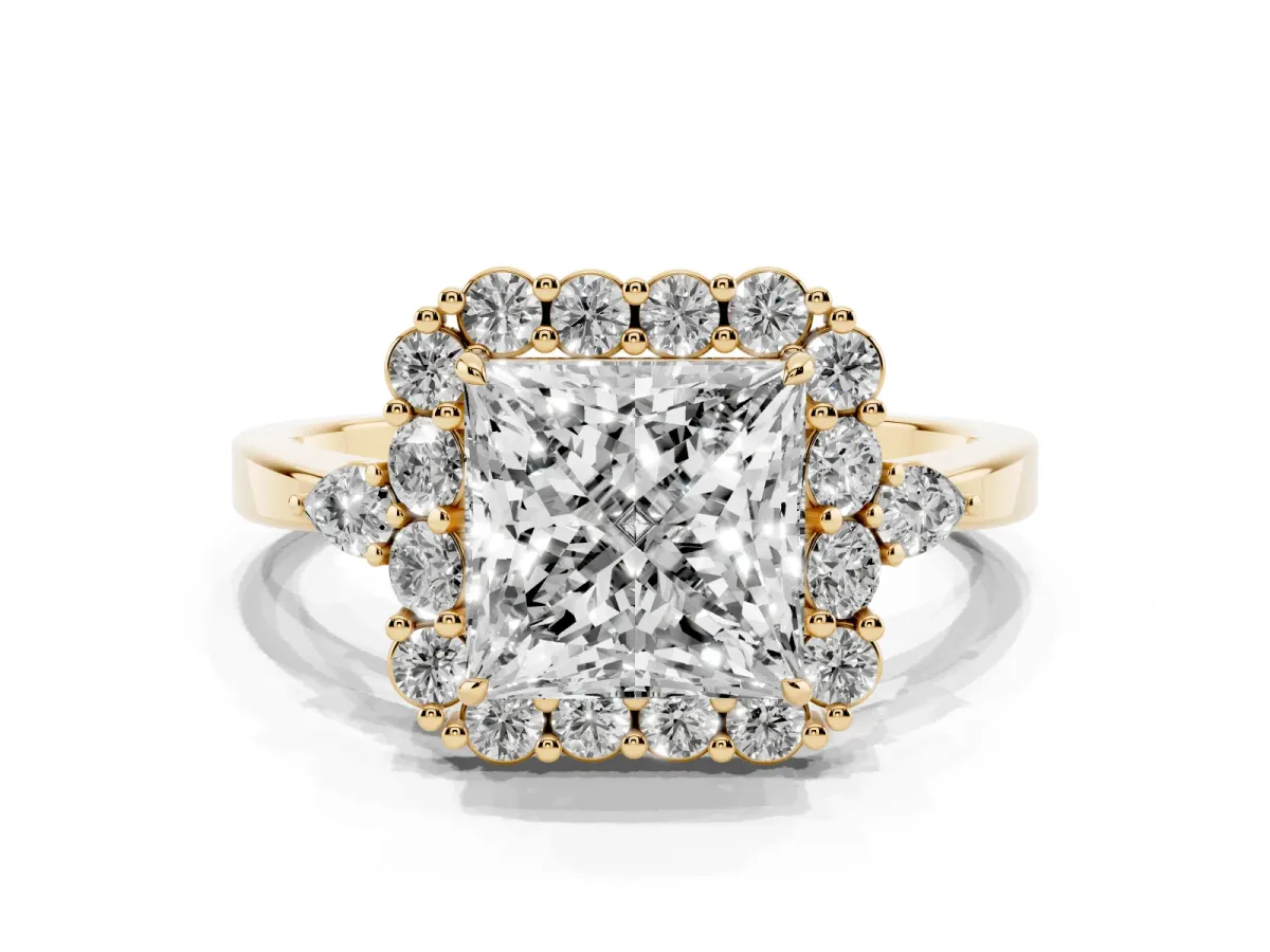 Princess Cut Diamond Halo Ring with Pear Side Stones and Prong Setting Yellow gold
