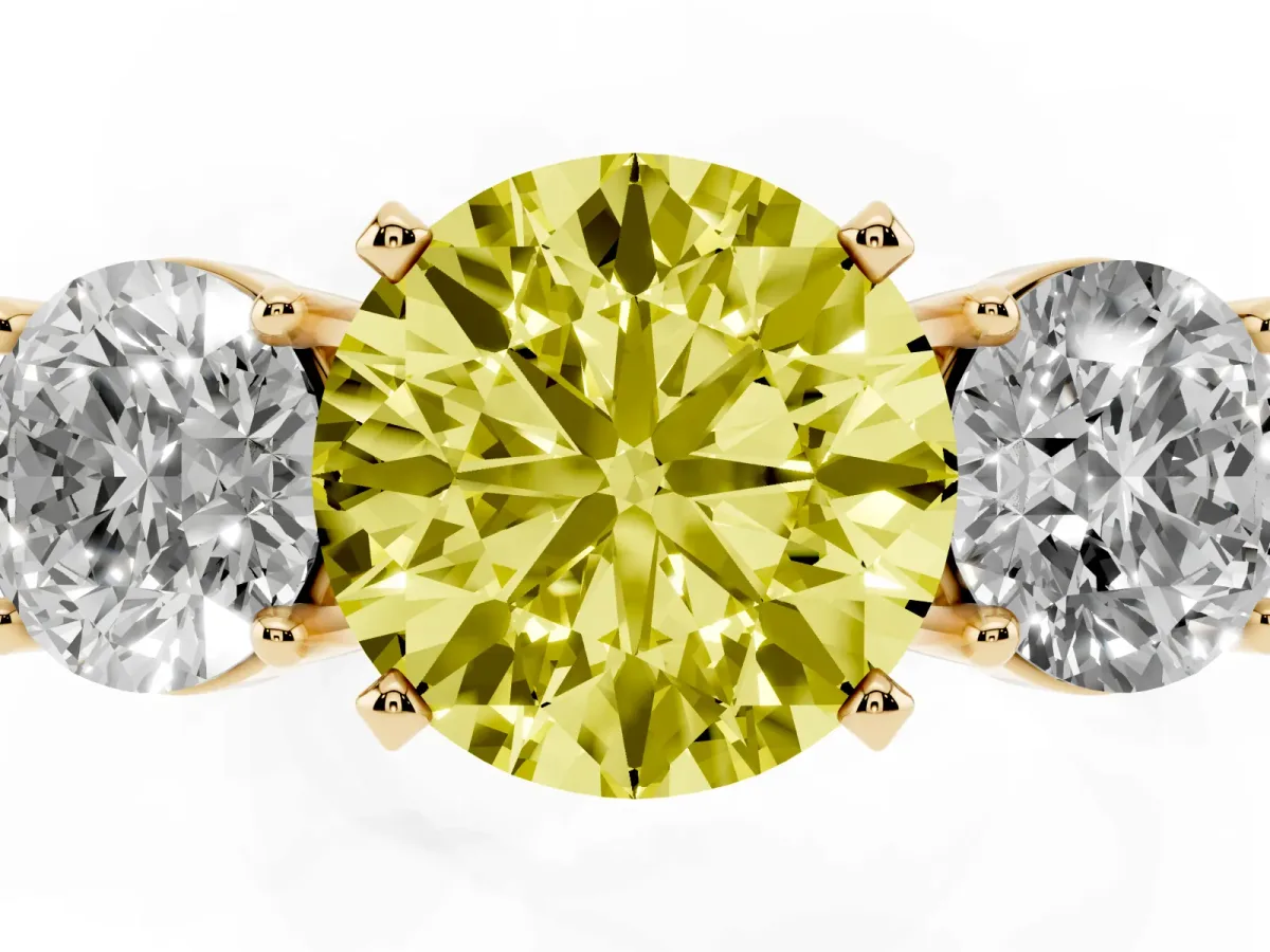 Fancy Yellow Three-Stone Round Cut Diamond Ring with Round Side Stones, Classic Band, and Four-Prong Setting Yellow gold
