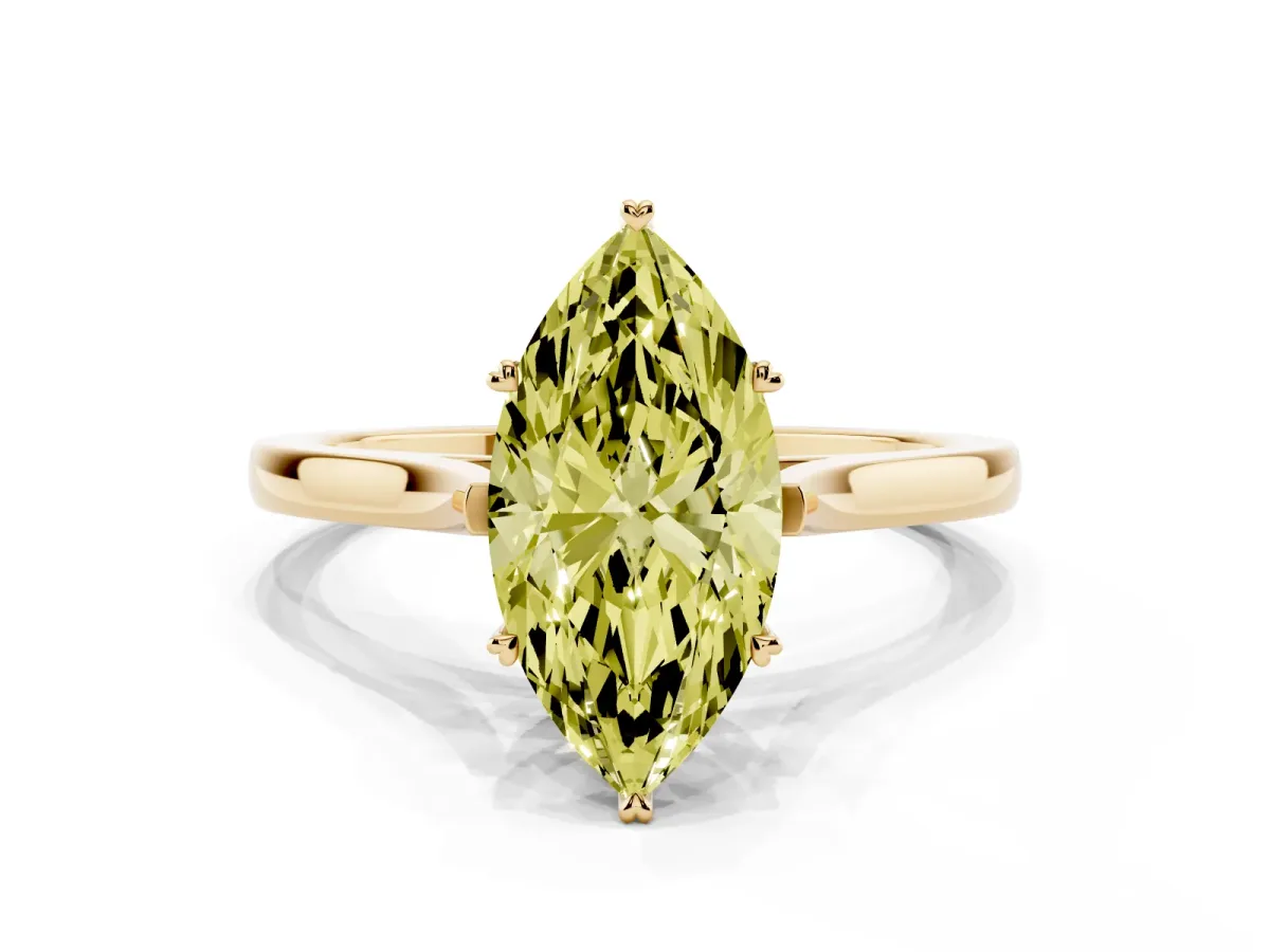 Fancy Yellow Marquise Cut Solitaire Heart Prong Engagement Ring with Tapered Band Yellow gold