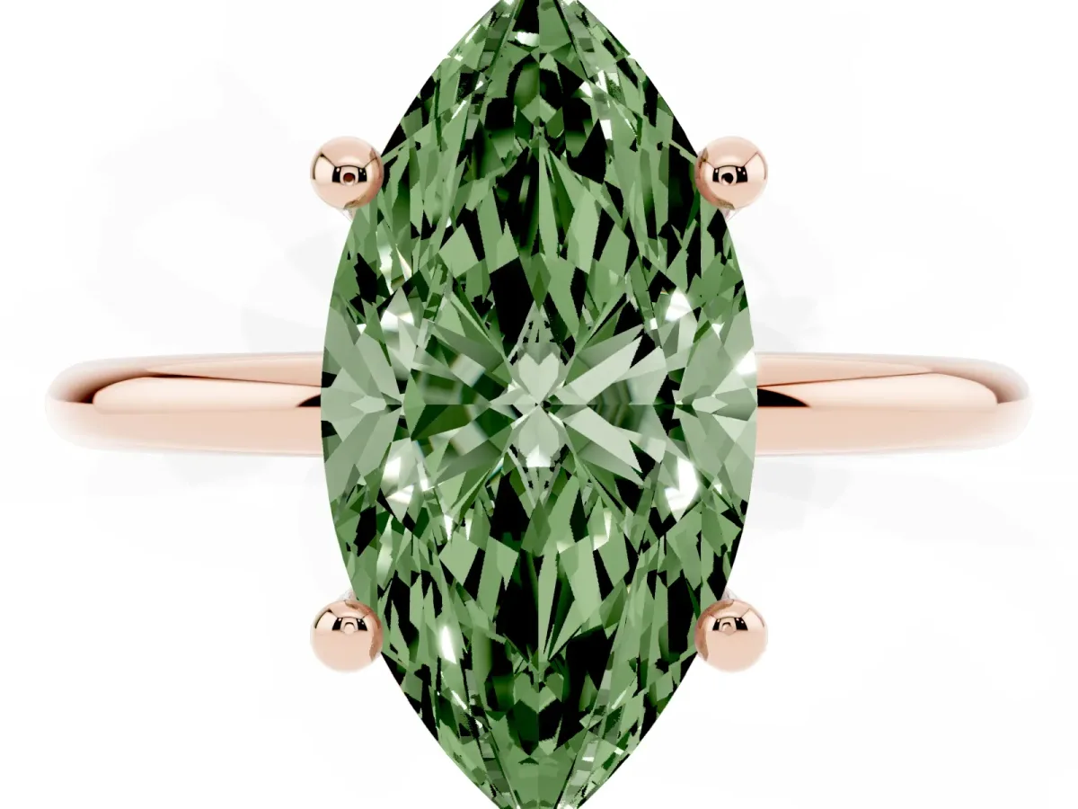 Fancy Green Marquise Cut Solitaire Diamond Ring with 4-Prong Setting on a Classic Band Rose gold