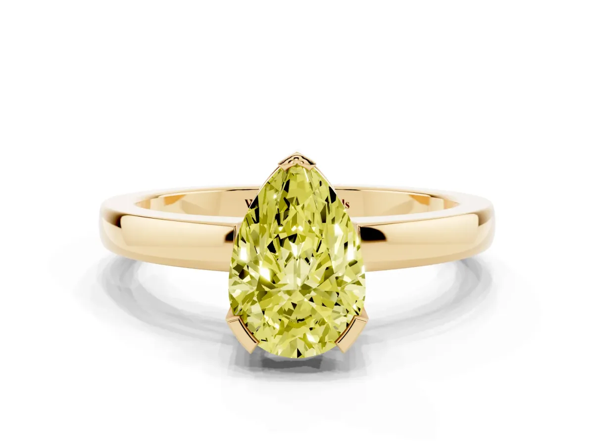 Fancy Yellow Pear Cut Cut Solitaire Ring with Four-Prong Setting and Classic Band Yellow gold