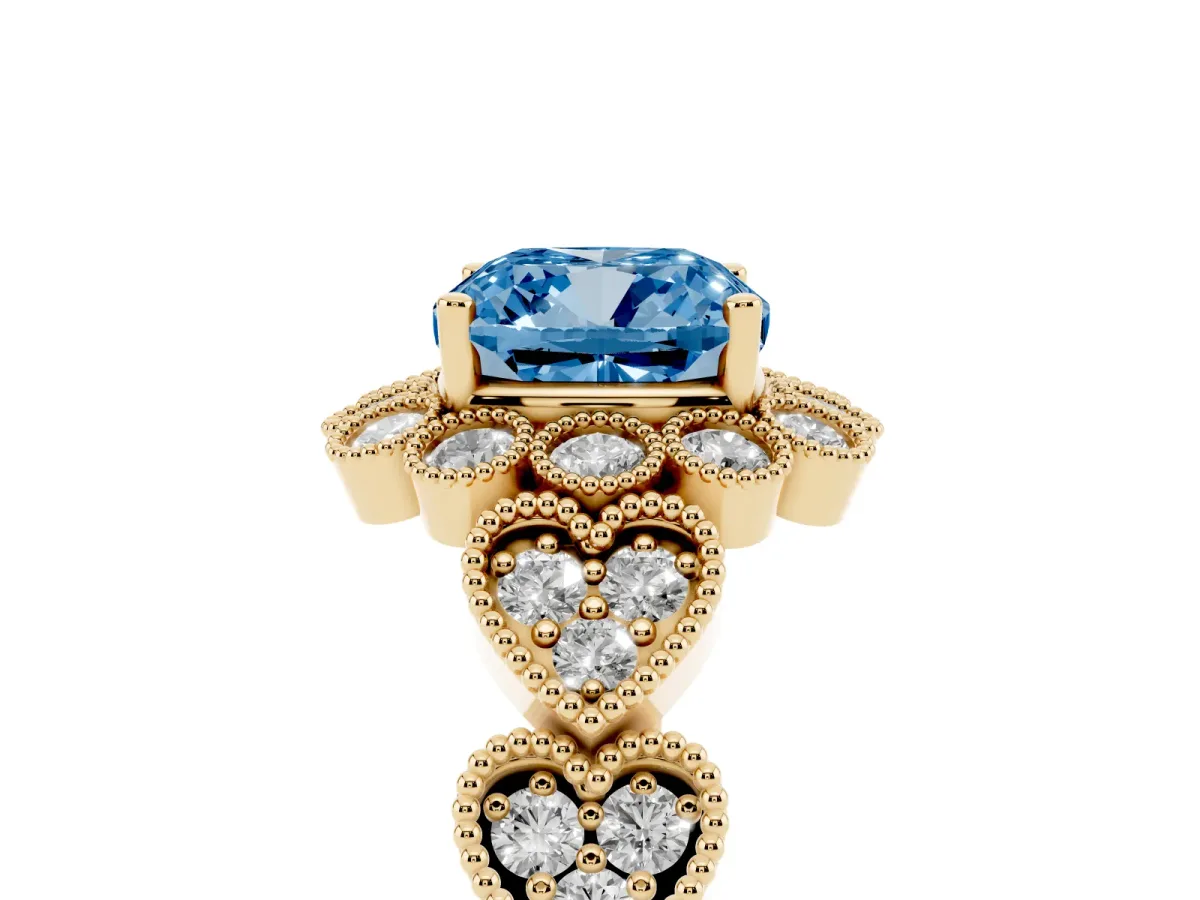 Fancy Blue Cushion Cut Brilliant Milgrain Pave Heart Band Solitaire Ring Yellow gold