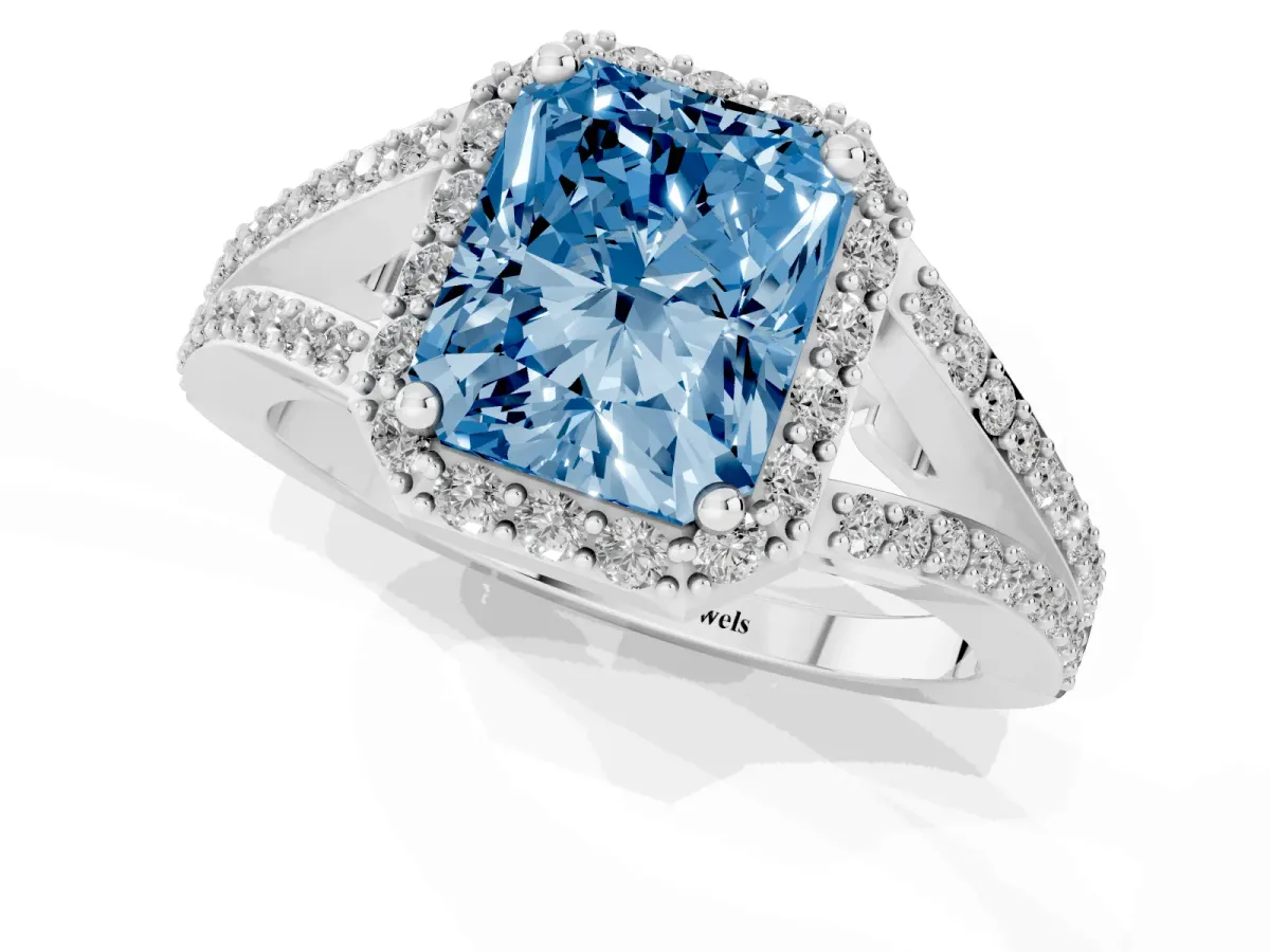 Fancy Blue Radiant Cut Halo Split Shank Diamond Ring with Prong Setting Silver
