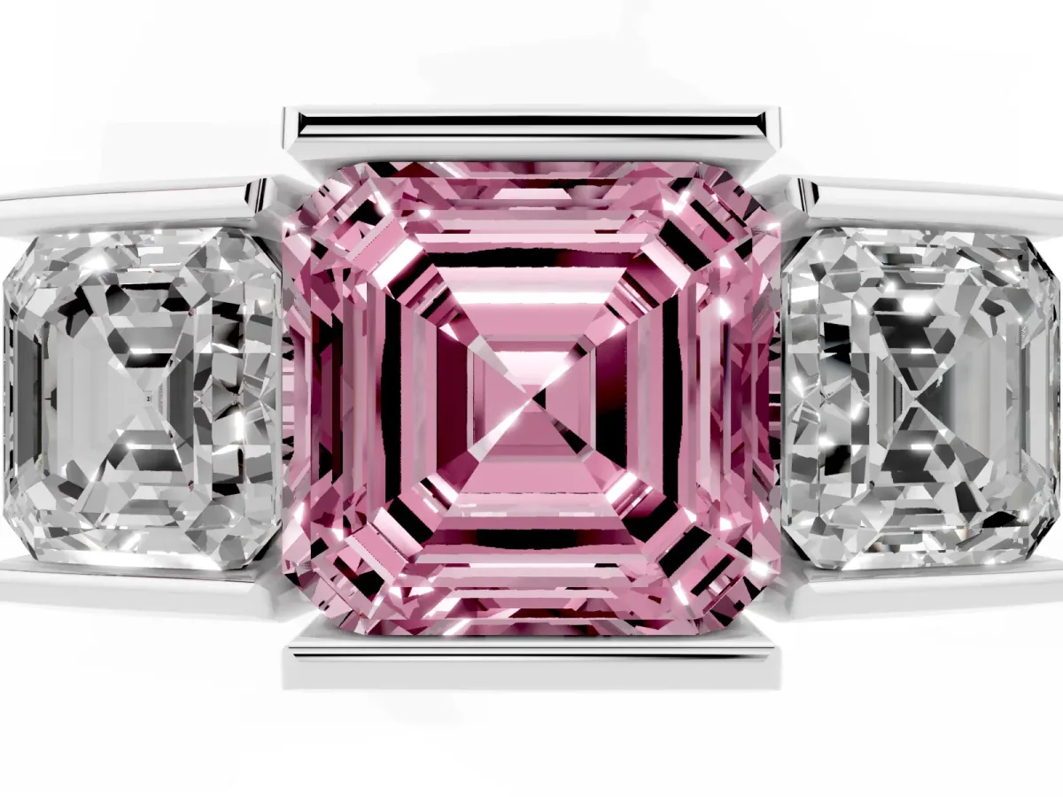 Fancy Pink Three Stone Asscher Cut Cut Channel Set Diamond Ring Platinum