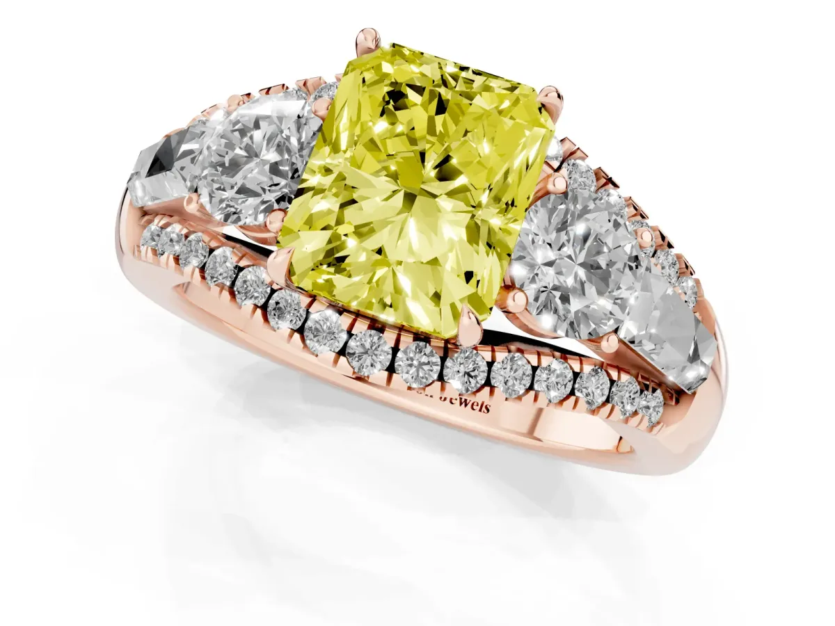 Fancy Yellow Three-Stone Radiant Cut Diamond Engagement Ring with Pave Band and Prong Setting Rose gold