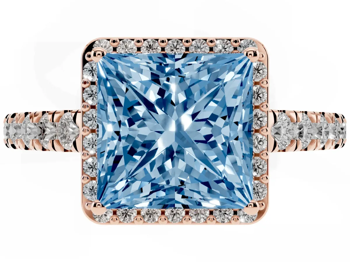 Fancy Blue Princess Cut Cut Halo Diamond Engagement Ring with Pave Band and Four-Prong Setting Rose gold