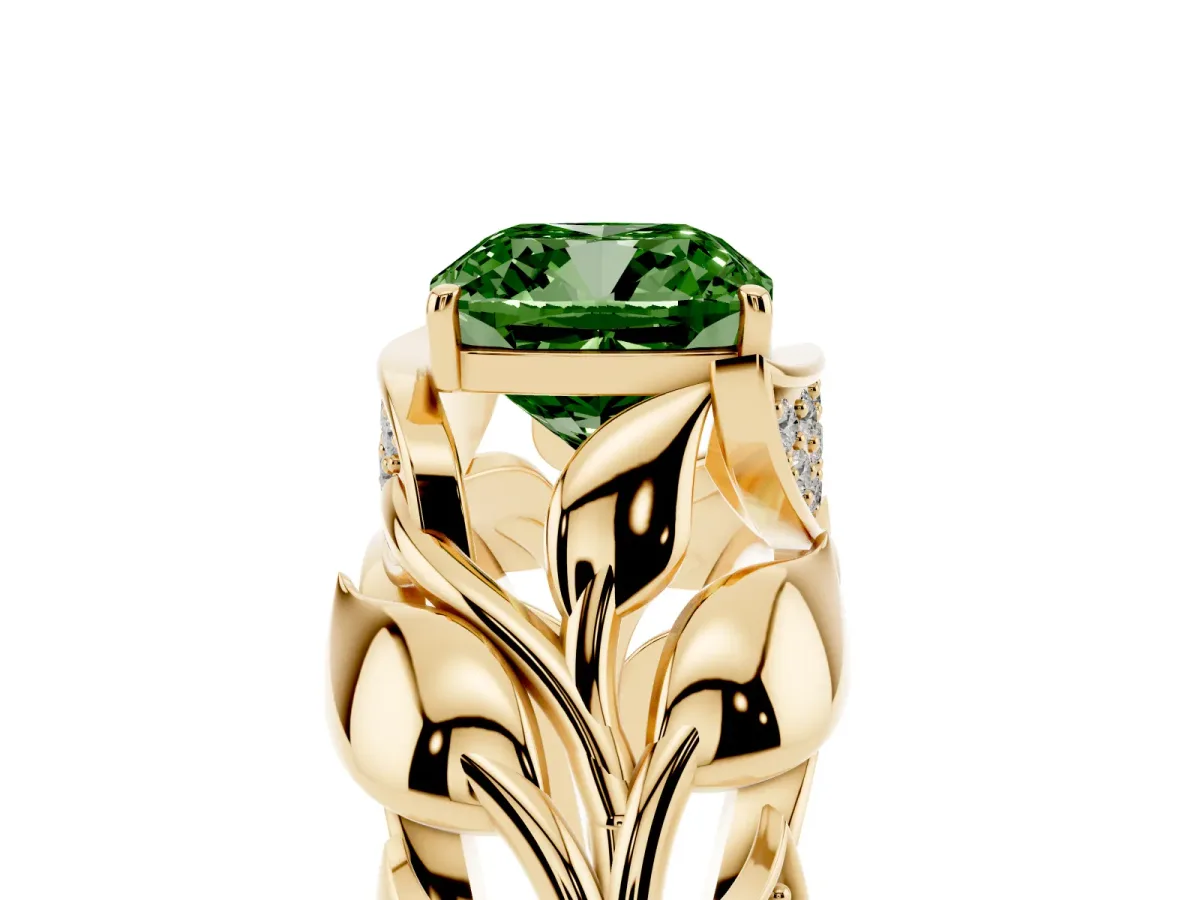 Fancy Green Cushion Cut Diamond Leaf-Inspired Engagement Ring with Round Accents and Prong Setting Yellow gold