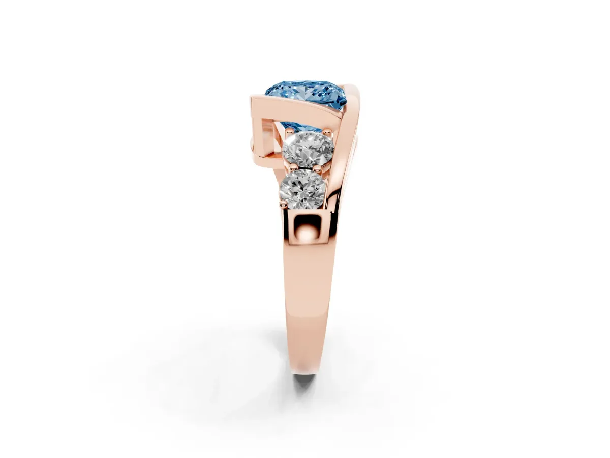 Fancy Blue Bezel Set Princess Cut Diamond Bypass Ring with Round Accents Rose gold