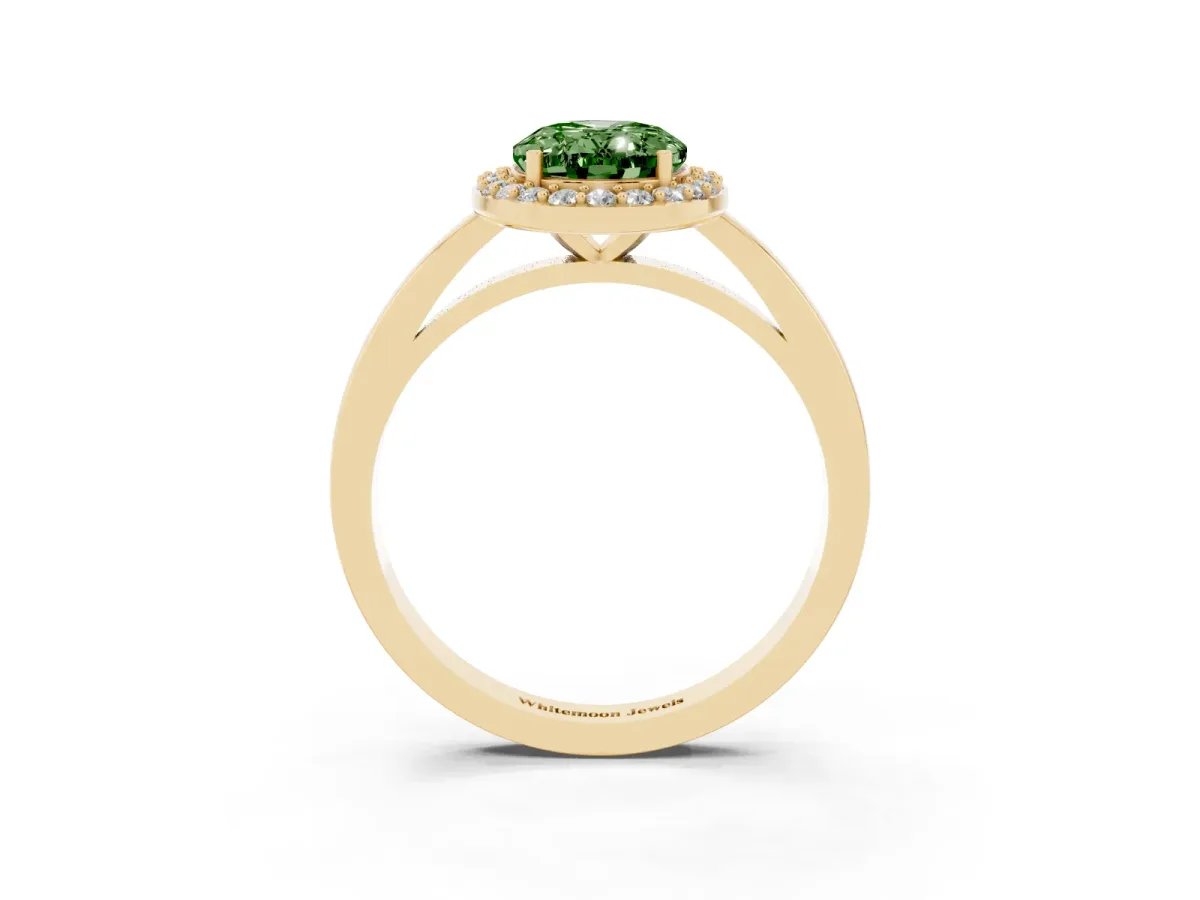 Fancy Green Oval Cut Halo Diamond Ring with Solitaire Band and Prong Setting Yellow gold