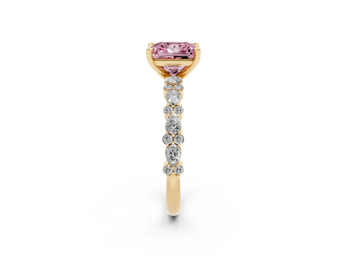 Fancy Pink Princess Cut Diamond Side Stone Solitaire Ring with Round and Four-Prong Setting Yellow gold