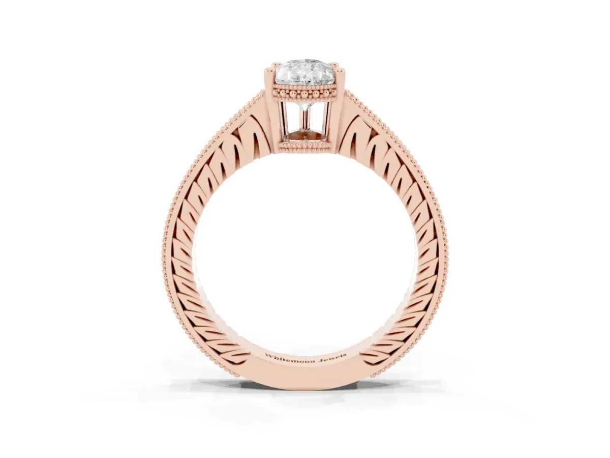 Pear Cut Solitaire Pavé Diamond Milgrain Engagement Ring with Four-Prong Setting Rose gold