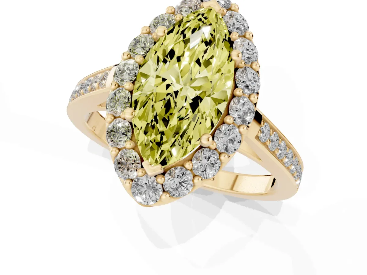 Fancy Yellow Marquise Cut Diamond Floral Halo Ring with Pavé Band and Prong Setting Yellow gold