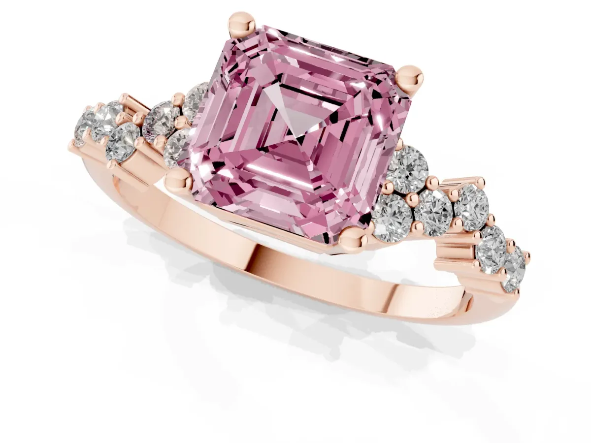 Fancy Pink Asscher Cut Diamond Scattered Round Accent Ring with Prong Setting Rose gold