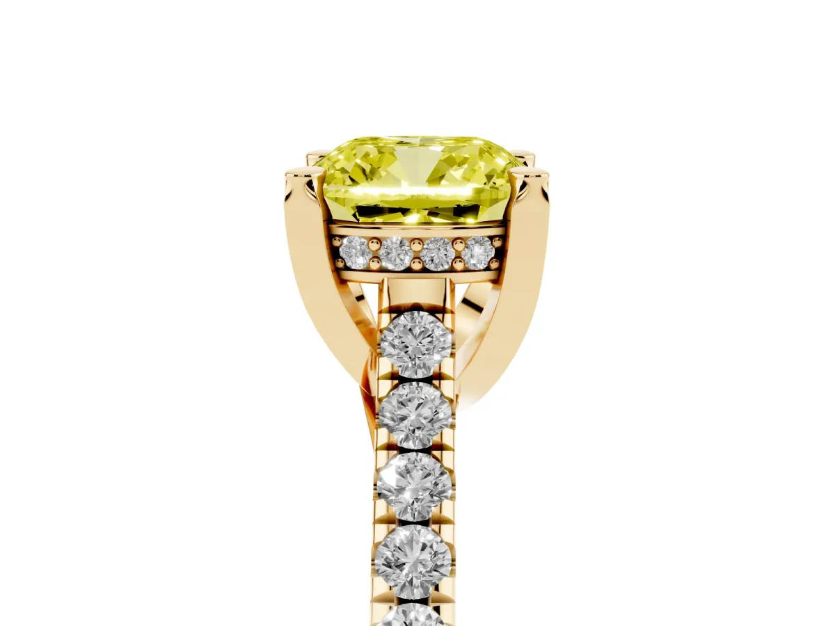 Fancy Yellow Cushion Cut Brilliant Diamond Solitaire with Pavé Band and Four-Prong Setting Yellow gold