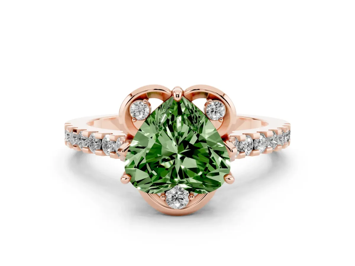 Fancy Green Heart Cut Diamond Ring with Pavé Band and Floral Prong Setting Rose gold
