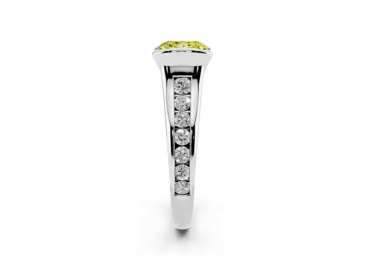 Fancy Yellow Princess Cut Solitaire Bezel-Set Diamond Ring with Channel-Set Band Silver