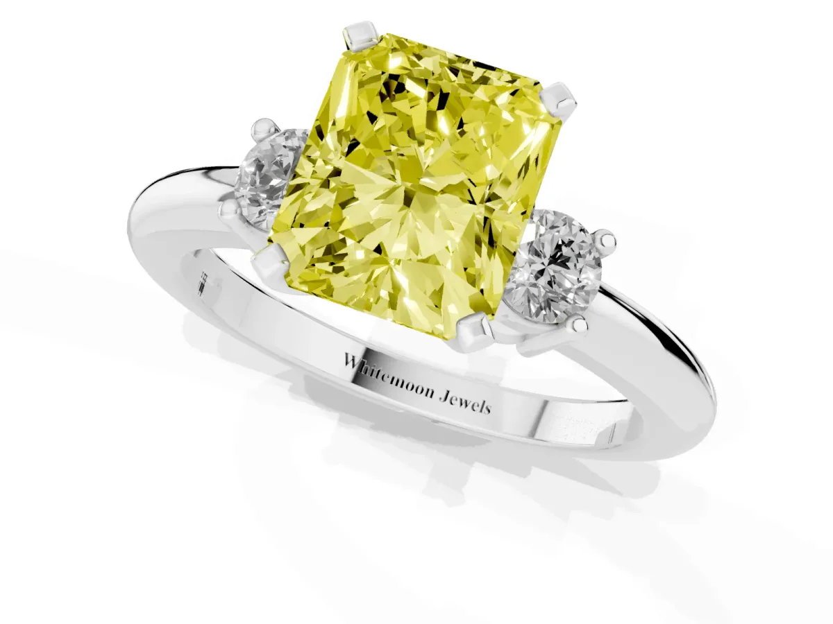 Fancy Yellow Three-Stone Radiant Cut Cut Diamond Solitaire with Prong Setting and Classic Band Silver