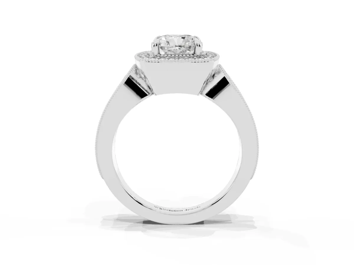 Cushion Cut Halo Split Shank Milgrain Diamond Ring Platinum
