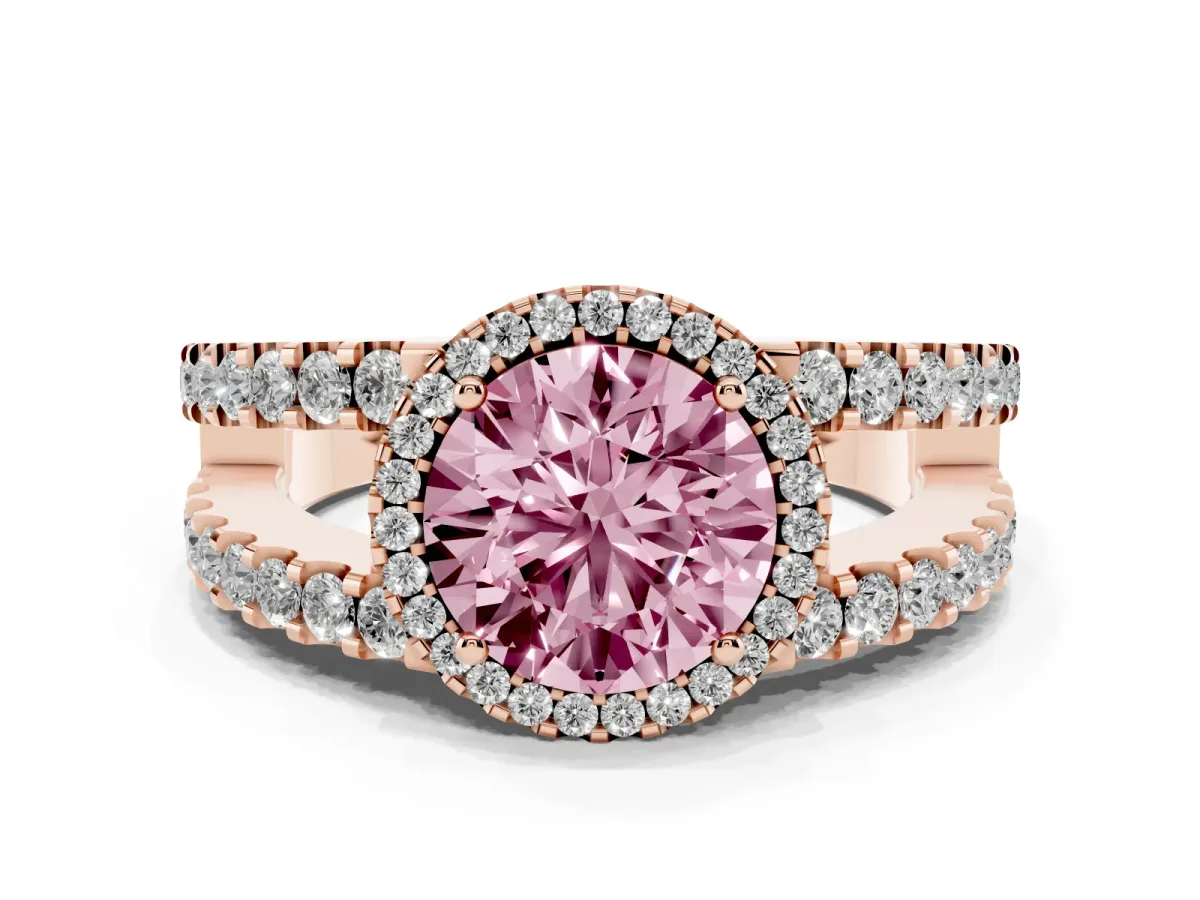 Fancy Pink Round Cut Cut Halo Split Shank Diamond Ring with Four-Prong Setting Rose gold