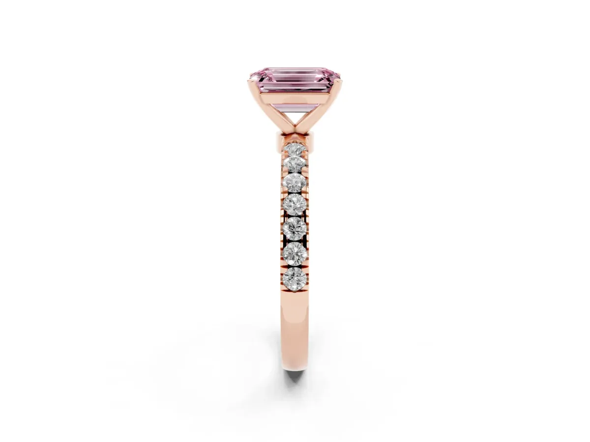 Fancy Pink Emerald Cut Diamond Solitaire Ring with Pavé Accents and Four-Prong Setting Rose gold
