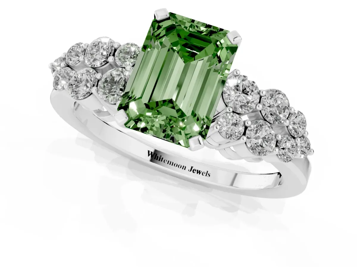 Fancy Green Emerald Cut Cluster Diamond Engagement Ring with Pavé Band and Four-Prong Setting Silver