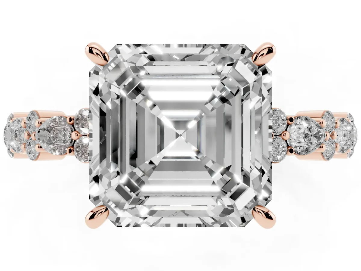 Asscher Cut Diamond Side Stone Solitaire Ring with Round and Four-Prong Setting Rose gold